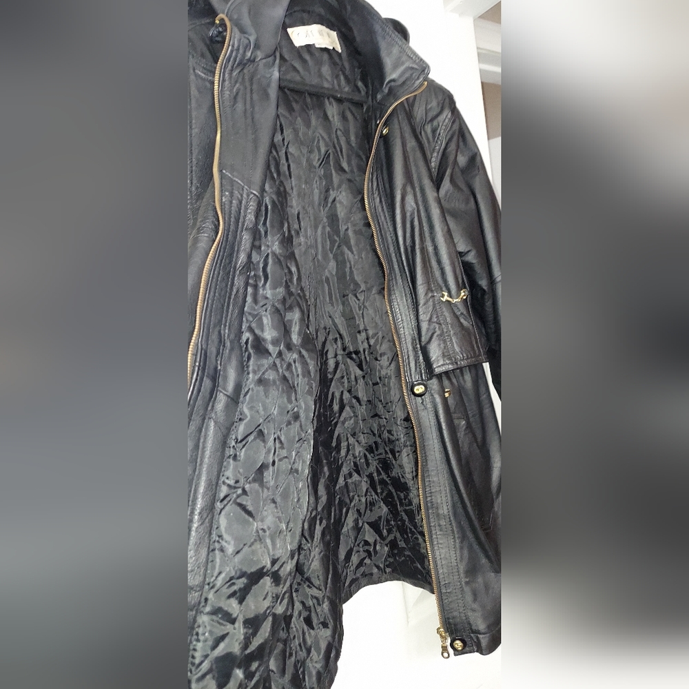 ☆VINTAGE 90's☆ Leather Hooded Midi Jacket w/ Gold Hardware Women's Size XL Coat - Picture 9 of 11